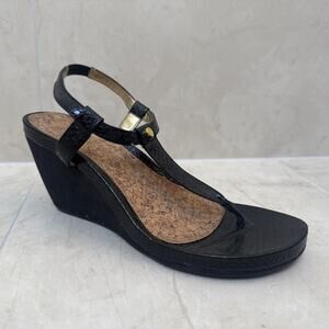 Chaps Black Sandals 7.5 Thong Wedges Gold Faux Leather Shoes